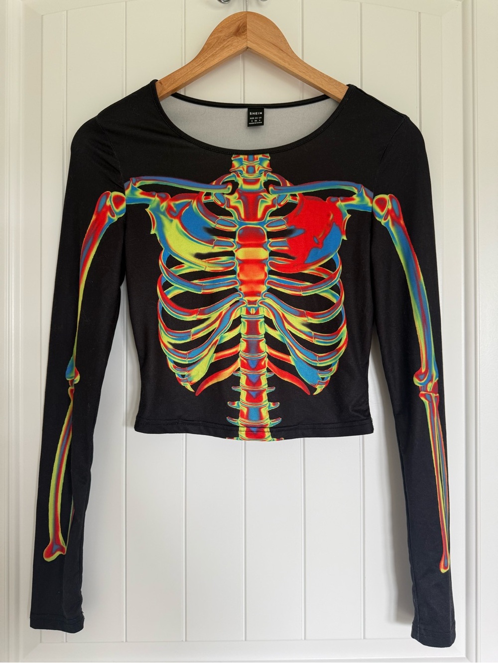 SHEIN Rainbow Skeleton Rib Cage Graphic Long Sleeve Crop Top Black Festival S